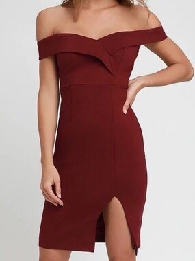 Lulu's Off Shoulder Burgundy Sheath Dress with Front Slit
